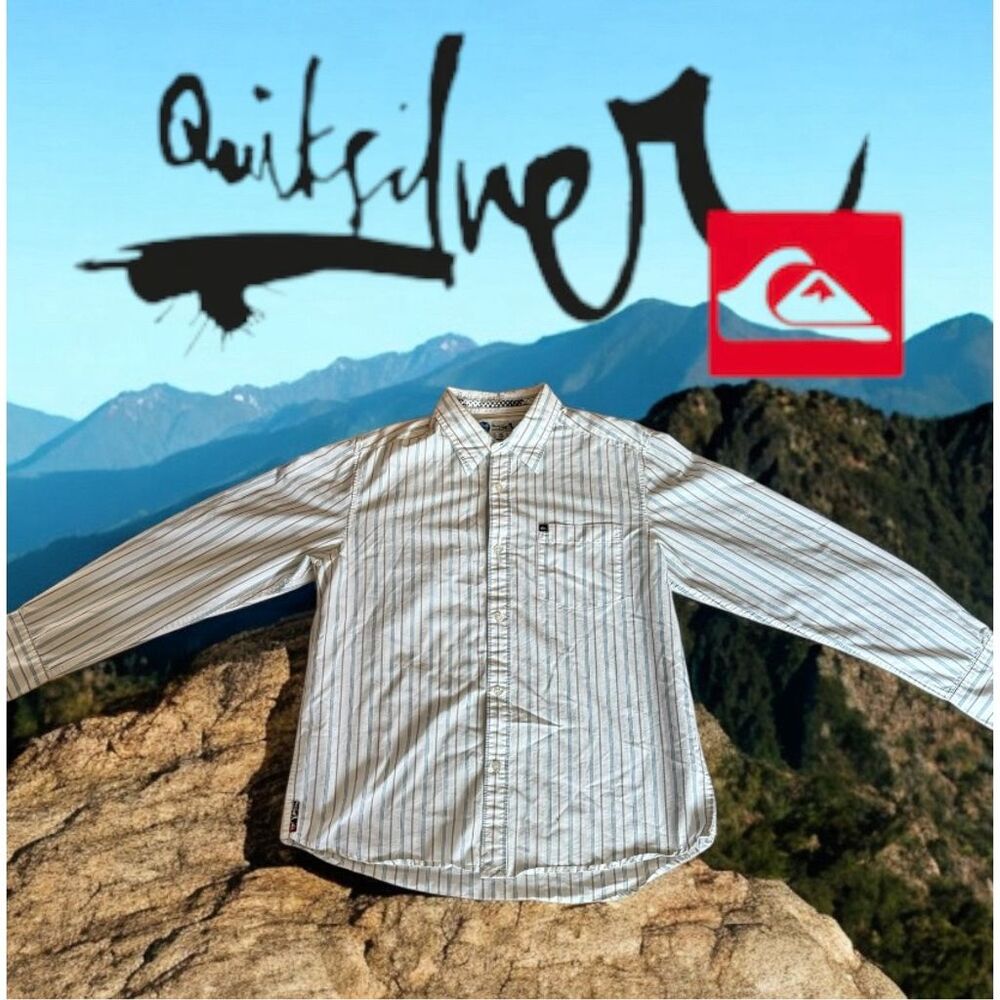 Vintage Quiksilver Men's Striped Long Sleeve Button-Up Shirt White Size M